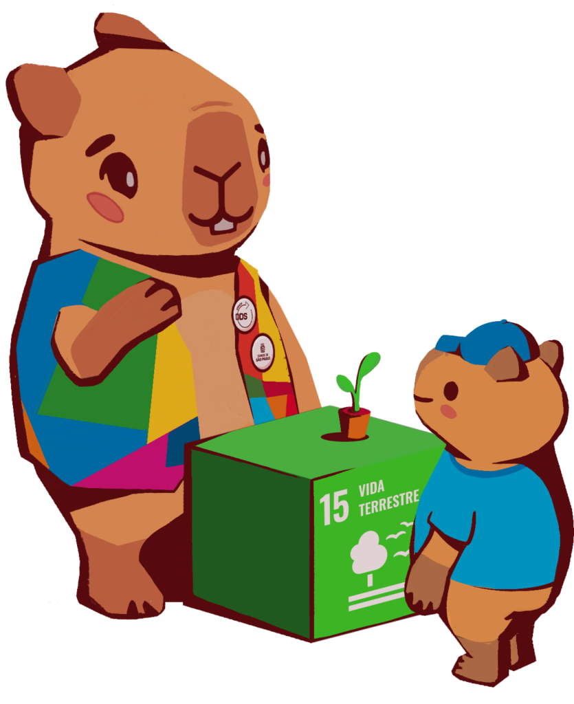 Mascote da virada explicando sobre as ODS para participante